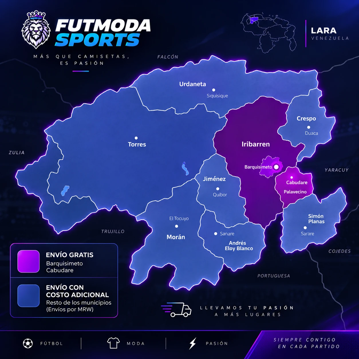 Mapa del estado Lara: envío gratis en Barquisimeto y Cabudare; el resto de los municipios con costo adicional por MRW o Zoom